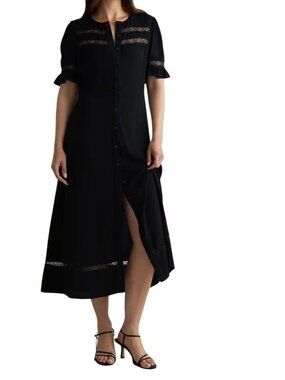 Quince Lightweight Crepe Lace Inset Midi Dress, Medium NWT